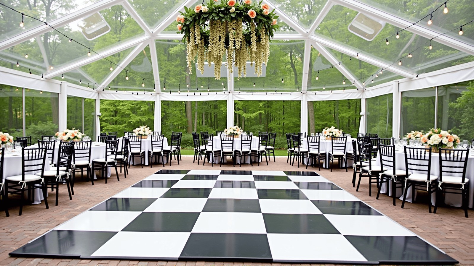 Guests cheering as a couple dances on a checkerboard dance floor under a crystal chandelier in Tulsa