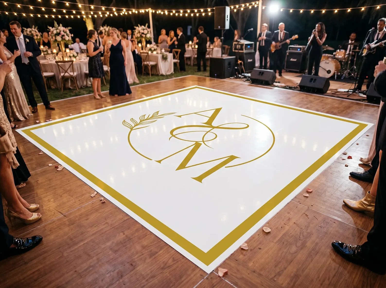 Checkerboard dance floor set up beneath a dinosaur skeleton exhibit at a Tulsa museum wedding venue